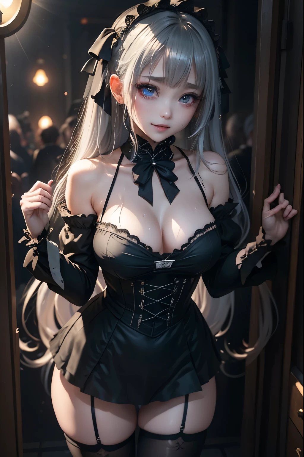 ハードDark Gothicメイク、Deep Night Sky、Horror、Black dark eyeshadow、cry、sad、Good skin radiance、Dark Gothicメイク、Dark smile、palace、The beauty of fragrance、24-years-old、Expression of intense sexual pleasure、Embarrassed look、Dark Gothic、Obscene language、highest quality、Expression of sexual pleasure in suffering、Drunk face、紫のMaid clothes、Mysterious、Noble、A face that is holding back the toilet、sexy、Loving smile、Twin tail hair、jet black ruffle skirt、Right blue eye, Left eye is red、Super bewitching pose、Platform Heel Shoes、Heavy makeup、Gothic ta Clothing、A little slimmer、Silver Hair、Long Hair Straight Hair、Cute Gothic Loliress、Beautiful Face、elegant features、Fascinating face、Knee-high socks、Stained glassが背景、Chest glistening with sweat、The room is dark、goth long dress、Bell Sleeves、Wizard Sleeve、decadent look、Sexually excited expression、Gothic Mode、Glossy thighs wet with water、Thighs that are wet and shiny with oil、Background of a room full of roses、sad表情、Rose Maiden、The embroidery is pink、The dress has pink embroidery、Thigh-high socks、Knee-high socks、Gentle expression、Dark black eyeshadow、despicable act、Stained glassと薔薇背景、The lower half of the body is wearing a black bikini swimsuit.、thighs are a little thin、Female Duo、Female couple、A blue lightning bolt glows in her right hand.、Blue electromagnetic waves shine in my hands.、dark church background、Stained glass、black metal world、Dark Castle、Dark Room、Slender body、upright、walk、Are standing、gothic long dresaid clothes、Victorian dresses、Her thighs glisten with sweat、My body is wet and shiny、Lots of glitter on the thighs、sweating、My thighs are sticky from sweating、Sweat glistens on the thighs, The whole body is sweaty and shiny、pretty sweaty、My thighs are sweaty、My thighs are so wet、My thighs are shining with sweat、A lot of sweat glistens all over the body、The thighs are the best、Black bikini bottoms、
