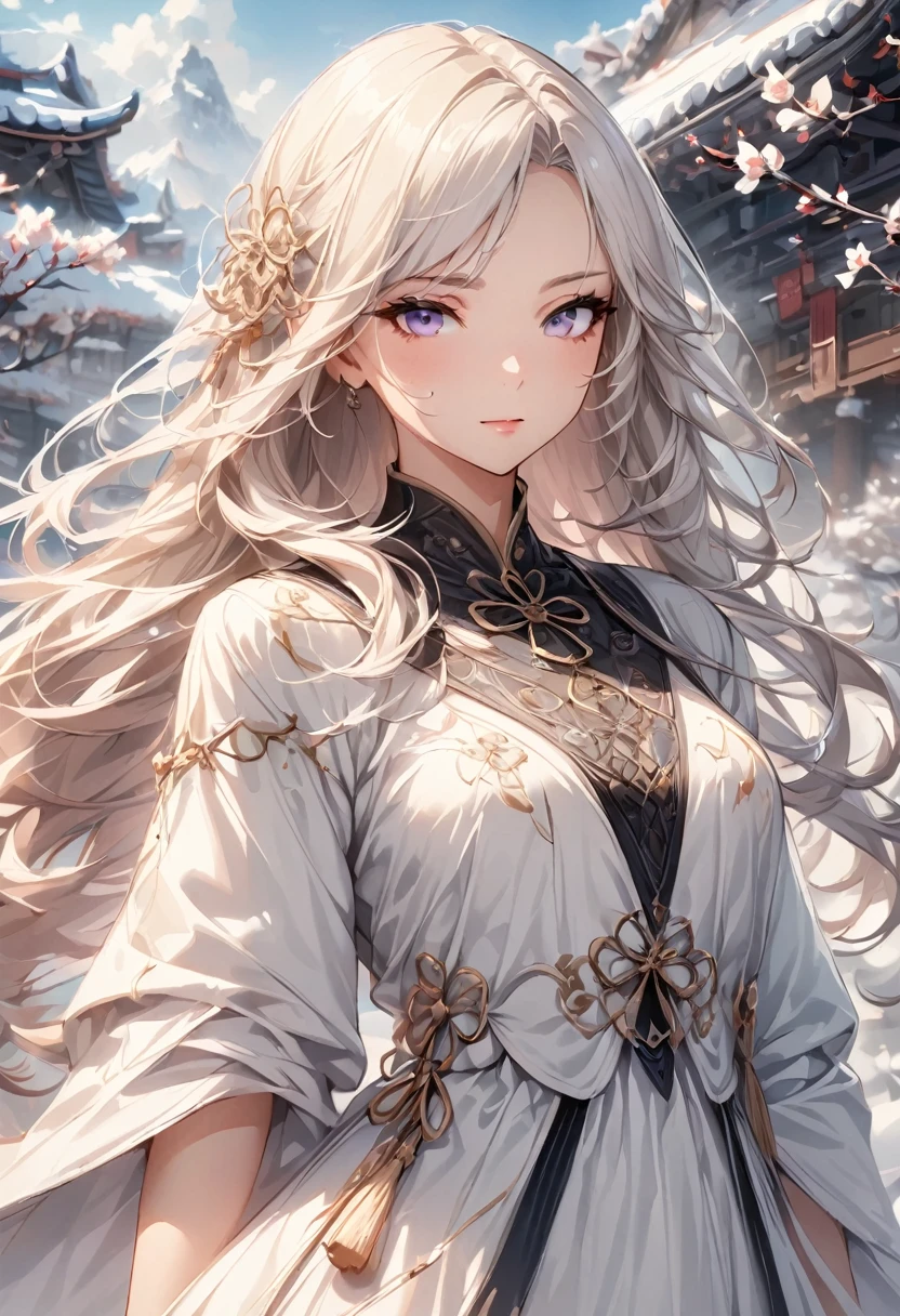 1girl,potrait,Masterpiece, Superb Piece, Daytime, Outdoor, Falling Flowers, White Dress, 1 Girl, Perfect Woman, Silver and White Long Haired Woman, Gray Blue Eyes, Pale Pink Lips, Cold, Serious, Bang, Purple Eyes, White Clothes, Black Clothing Lines, Delicate Face, Exquisite Face, Standing Bow, Tassels, Happiness Knot, slight Smile