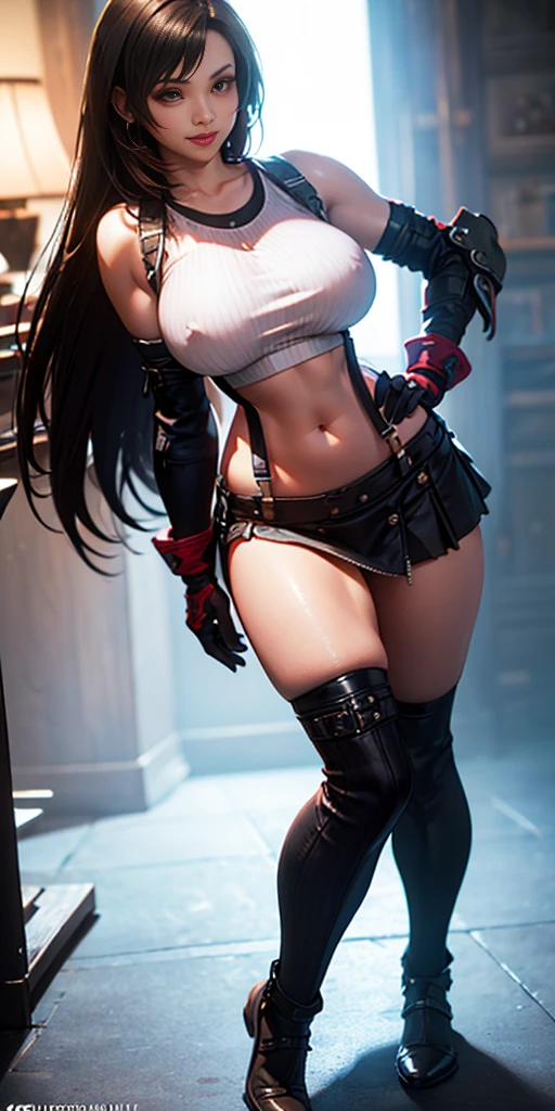 (8k, best quality, masterpiece:1.2), (realistic, photo-realistic:1.37), (full body), 1female solo girl, standing, legs apart, (wide stance) standing contrapposto, ultra-detailed, 1girl solo, cute (tifa lockhart) (large breasts:1.5) (beautiful detailed eyes) (smile:1.2) (closed mouth) sharp focus, depth of field, good composition, Final Fantasy VII, very long straight hair, hair bang ((red_eyes)), intricate, bokeh (Tetsuya Nomura style) perfect breasts, white tank top, black thong, suspenders, gloves, stockings, toned body, athletic, wide hips, thin waist, toned arms, exposed abdomen, view from behind