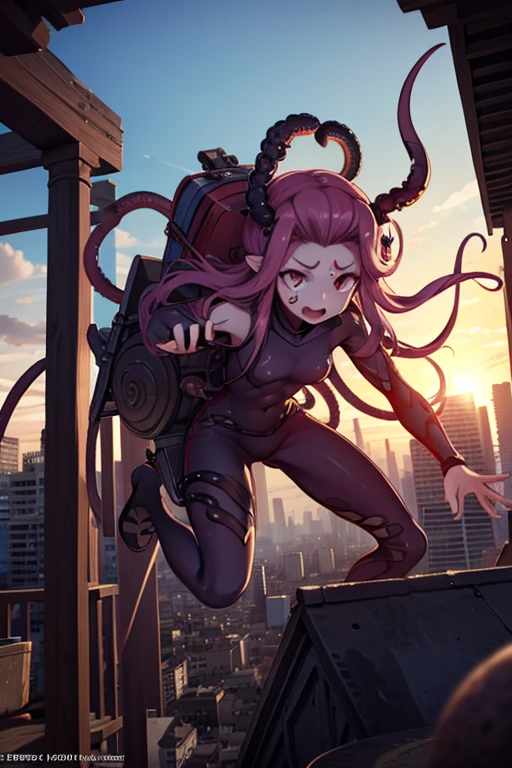 A spider with octopus tentacles and an Eye just atop a tentacle on its giant head is attacking the city where the teenage warriors are training..