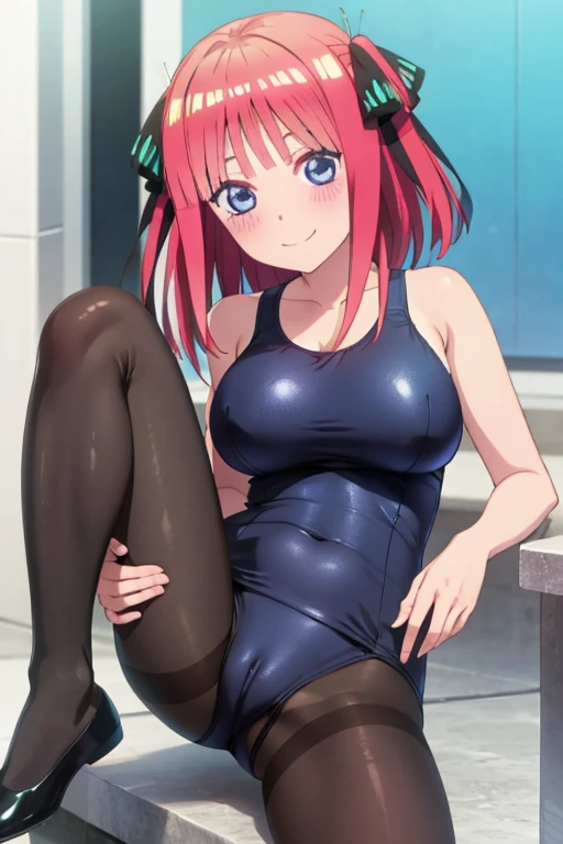 best quality, ultra-detailed masterpiece, anime art style, cute character, nino nakano, large breasts, blush, smile, one-piece swimsuit, pantyhose, pussy focus, open legs