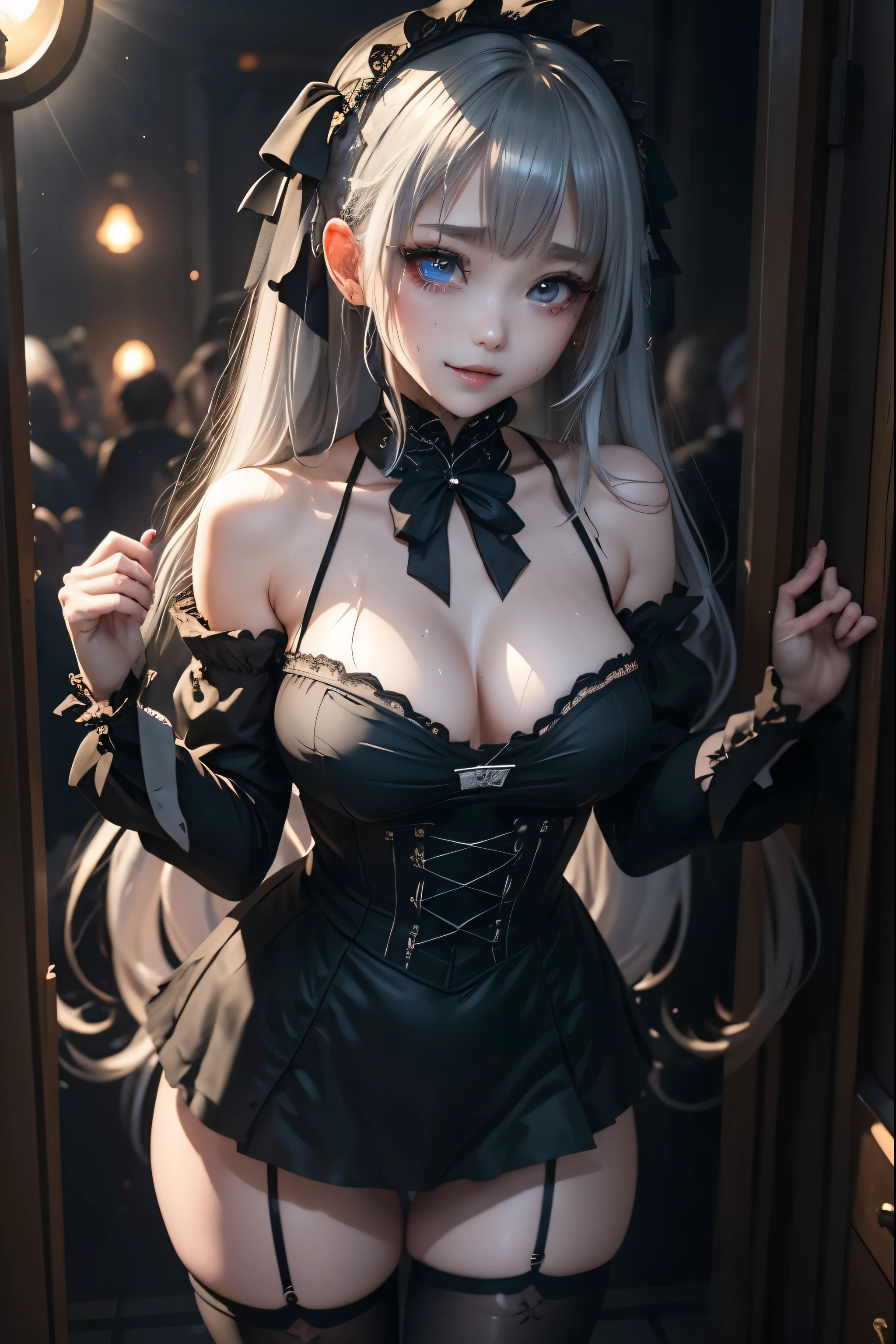 Hard Dark Gothic Makeup、Deep Night Sky、Horror、Black dark eyeshadow、cry、sad、Good skin radiance、Dark Gothicメイク、Dark smile、palace、The beauty of fragrance、24-years-old、Expression of intense sexual pleasure、Embarrassed look、Dark Gothic、Obscene language、highest quality、Expression of sexual pleasure in suffering、Drunk face、紫のMaid clotheysterious、Noble、A face that is holding back the toilet、sexy、Loving smile、Twin tail hair、jet black ruffle skirt、Right blue eye, Left eye is red、Super bewitching pose、Platform Heel Shoes、Heavy makeup、Gothic ta Clothing、A little slimmer、Silver Hair、Long Hair Straight Hair、Cute Gothic Loliress、Beautiful Face、elegant features、Fascinating face、Knee-high socks、Stained glass background、Chest glistening with sweat、The room is dark、goth long dress、Bell Sleeves、Wizard Sleeve、decadent look、Sexually excited expression、Gothic Mode、Glossy thighs wet with water、Thighs that are wet and shiny with oil、Background of a room full of roses、sad expression、Rose Maiden、The embroidery is pink、The dress has pink embroidery、Thigh-high socks、Knee-high socks、Gentle expression、Dark black eyeshadow、despicable act、Stained glass and rose background、The lower half of the body is wearing a black bikini swimsuit.、thighs are a little thin、Female Duo、Female couple、A blue lightning bolt glows in her right hand.、Blue electromagnetic waves shine in my hands.、dark church background、Stained glass、black metal world、Dark Castle、Dark Room、Slender body、upright、walk、Are standing、gothic long dresaid clothes、Victorian dresses、Her thighs glisten with sweat、My body is wet and shiny、Lots of glitter on the thighs、sweating、My thighs are sticky from sweating、Sweat glistens on the thighs, The whole body is sweaty and shiny、pretty sweaty、My thighs are sweaty、My thighs are so wet、My thighs are shining with sweat、A lot of sweat glistens all over the body、The thighs are the best、Black bikini bottoms、