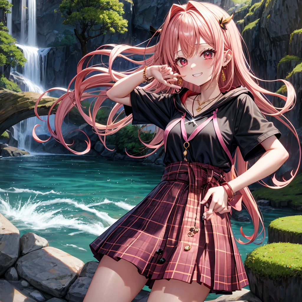 Pink gold golden hair、Red eyes、One good looking girl、solo、anime、Checkered mini skirt、The skirt has buttons、Black camisole、Black T-shirt、hoodie、Wearing a ribbon、Ribbon on waist、Crystal Earrings、Gemstone Necklace、Light and shadow、Tilting face、Teeth are visible、waterfall、Torrent、tunnel、Sunset sky、light、flash、moss、isolated island、Hell&#39;s Gate、Blue flame、Jumping