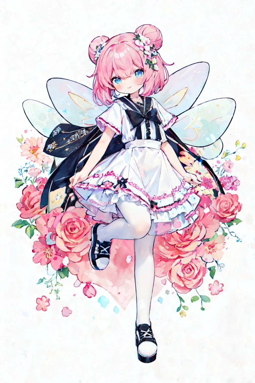 (PastelColors:1.3)、(Cute illustration:1.3)、(watercolor paiting:1.1)、(Wearing large transparent fairy wings with polka dots：1.3),Falling from the sky,Head down, feet up, Blue haired girl,improve,ultra wide-angle  ,Detailed background、Smile with open mouthFairy with a bouquet of flowers、Fancy Fairy、A pink-haired、Bun head、jumpping、levitation、masterpiece, highest quality, 1 girl, One person in, length_hair, From above, light smile, panorama, perspective, looking for_in_viewer, Front hair, skirt, shirt, pink hair, colored inner hair, length_dispel, bow, ribbon, twin tails, hair_bow, heart, pantyhose, frills, shoes, choker, dull_Front hair, black_skirt, pink_eye, With frills_skirt, pink_bow, plinform_footwear, pink_theme, jirai_kei, whole body,,white background, Pastel Watercolor、redhead, 1 girl, Has 4 correct fairy wings on its back、summer👗、ハート型のsummer flowerwreath background:1.0、white, high ponytail、platform sneakers、smile、Up from the side