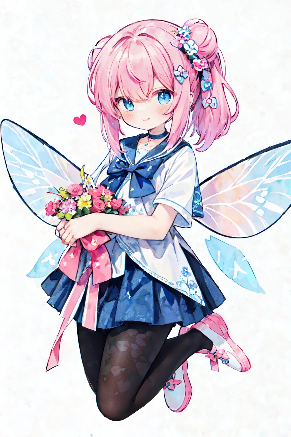 (PastelColors:1.3)、(Cute illustration:1.3)、(watercolor paiting:1.1)、(Wearing large transparent fairy wings with polka dots:1.3),Falling from the sky,Head down, feet up, Blue haired girl,improve,ultra wide-angle ,Detailed background、Smile with open mouthFairy with a bouquet of flowers、Fancy Fairy、A pink-haired、Bun head、jumpping、levitation、masterpiece, highest quality, 1 girl, One person in, length_hair, From above, light smile, panorama, perspective, looking for_in_viewer, Front hair, skirt, shirt, pink hair, colored inner hair, length_dispel, bow, ribbon, twin tails, hair_bow, heart, pantyhose, frills, shoes, choker, dull_Front hair, black_skirt, pink_eye, With frills_skirt, pink_bow, plinform_footwear, pink_theme, jirai_kei, whole body,,white background, Pastel Watercolor、redhead, 1 girl, Has 4 correct fairy wings on its back、summer👗、ハート型のsummer flowerwreath background:1.0、white, high ponytail、platform sneakers、smile、Up from the side