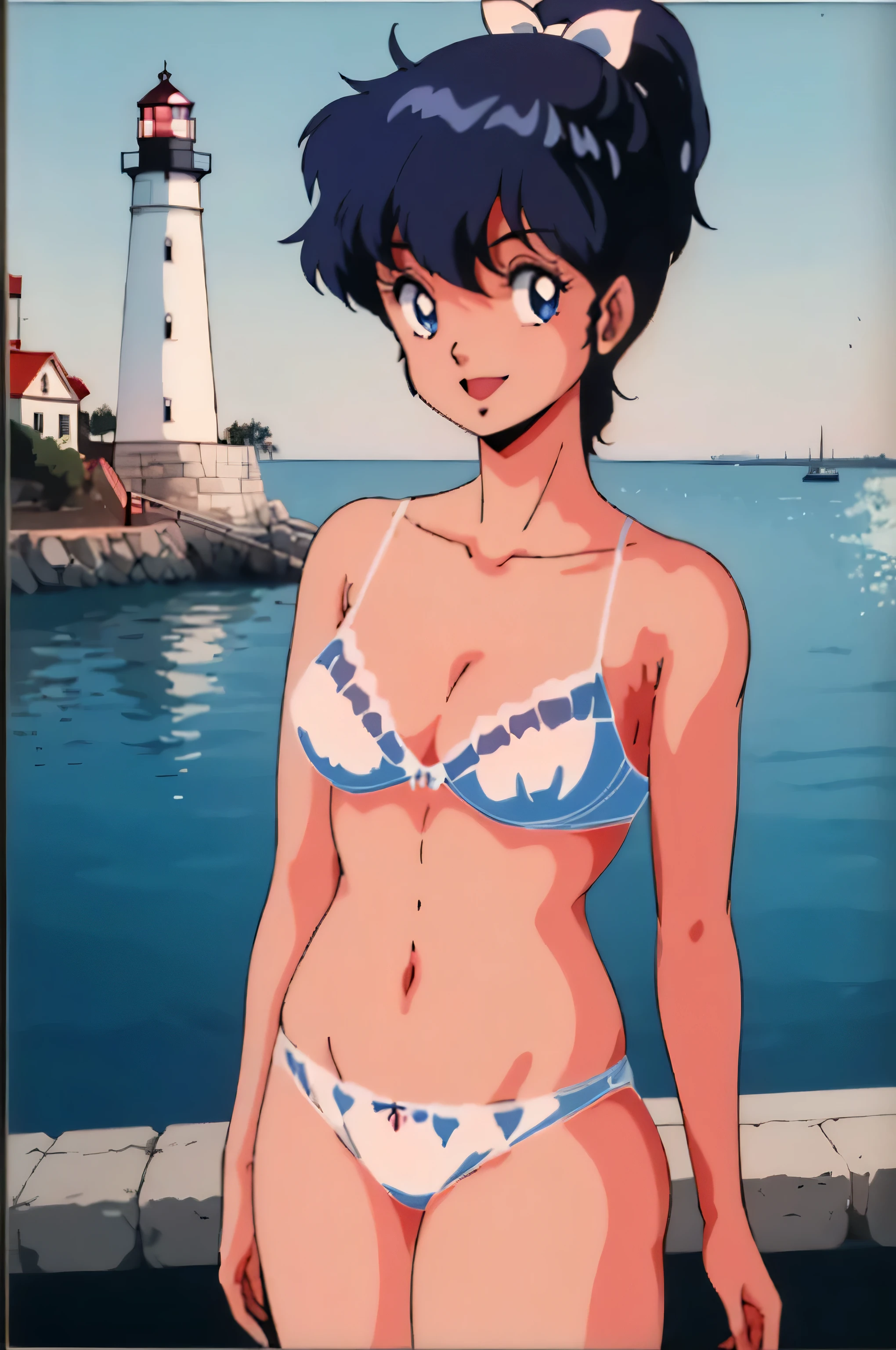 (Anime stuff, Retro art style, Clean brush strokes, Very detailed, Perfect Anatomy, Browsing Caution), (Harbor background, Breakwater, Lighthouse), (miki, One girl), 1 Girl, Eyebrows visible through hair, bangs, Black Hair, Short Ponytail, Hair clip with ribbon, (blue eyes, Beautiful and detailed:1.2), Looking at the audience, Open your mouth (smile:1.5), (Are standing, Idol Pose), (Beautiful body, smooth curve, Perfect figure), (White bra), (Large Breasts:1.2, A taut shape), (White panties), I can see her panties,