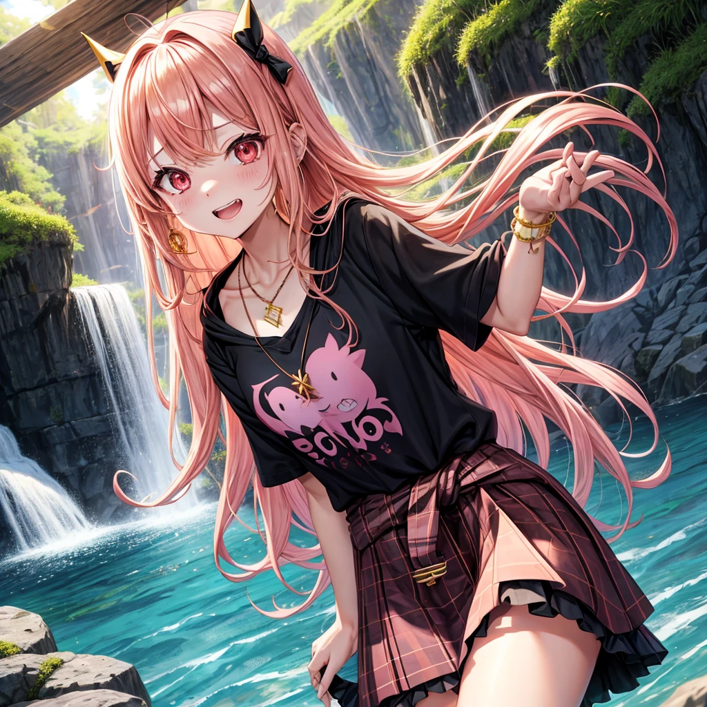 Pink gold golden hair、Red eyes、One good looking girl、solo、anime、Checkered mini skirt、The skirt has buttons、Black camisole、Black T-shirt、hoodie、Wearing a ribbon、Ribbon on waist、Crystal Earrings、Gemstone Necklace、Light and shadow、Tilting face、Teeth are visible、waterfall、Torrent、tunnel、Sunset sky、light、flash、moss、isolated island、Hell's Gate、Blue flame、Jumping