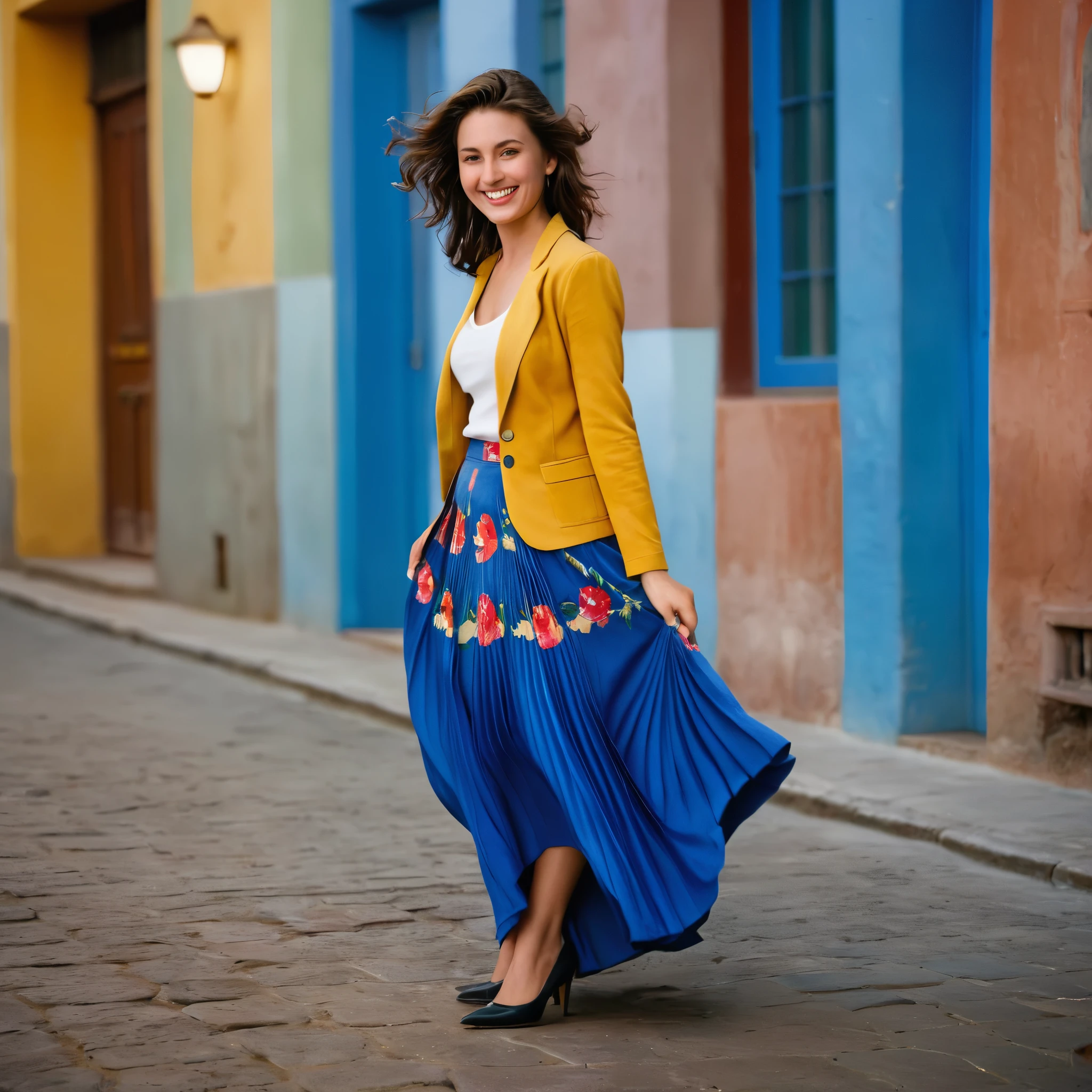 A smiling, authentic, (shy:1,3), kind, beautiful woman, is passionately in love with her skirt, loving while wind lifts her skirt, wearing short blazer and very, very detailed (long (fully pleated) full circle skirt) and (low heeled court shoes), very, very intricate hyper-detailed symmetric (attractive graceful young feminine face) with (sad, tired eyes and a loving smile), very voluptuous breasts, full of empathy and compassion and love, (pronounced (feminine) features), (highly detailed ultra accurate realistic) hands and fingers, (windy), epic composition, highly detailed attributes, (35mm f1.4 Kodak portra 400 photograph), extremely high quality RAW photograph, highly detailed atmosphere, cinematic shot, dynamic lighting, 75mm, Technicolor, Panavision, cinemascope, sharp focus, fine details, 8k, HDR, realism, realistic, key visual, film still, superb cinematic color grading, depth of field