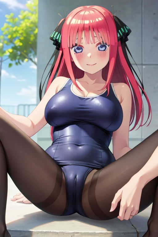 best quality, ultra-detailed masterpiece, anime art style, cute character, nino nakano, large breasts, blush, smile, one-piece swimsuit, pantyhose, pussy focus, open legs