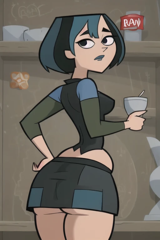 (8k, RAW photo, best quality, masterpiece:1.2), (intricate details), perfect eyes, perfect face, perfect lighting, beautiful, (masterpiece:1.2), (best quality:1.2), 1girl, cartoon style, gwentdi, solo, black eyes, face portrait, look at the viewer, chubby potbelly, miniskirt, side profile, 