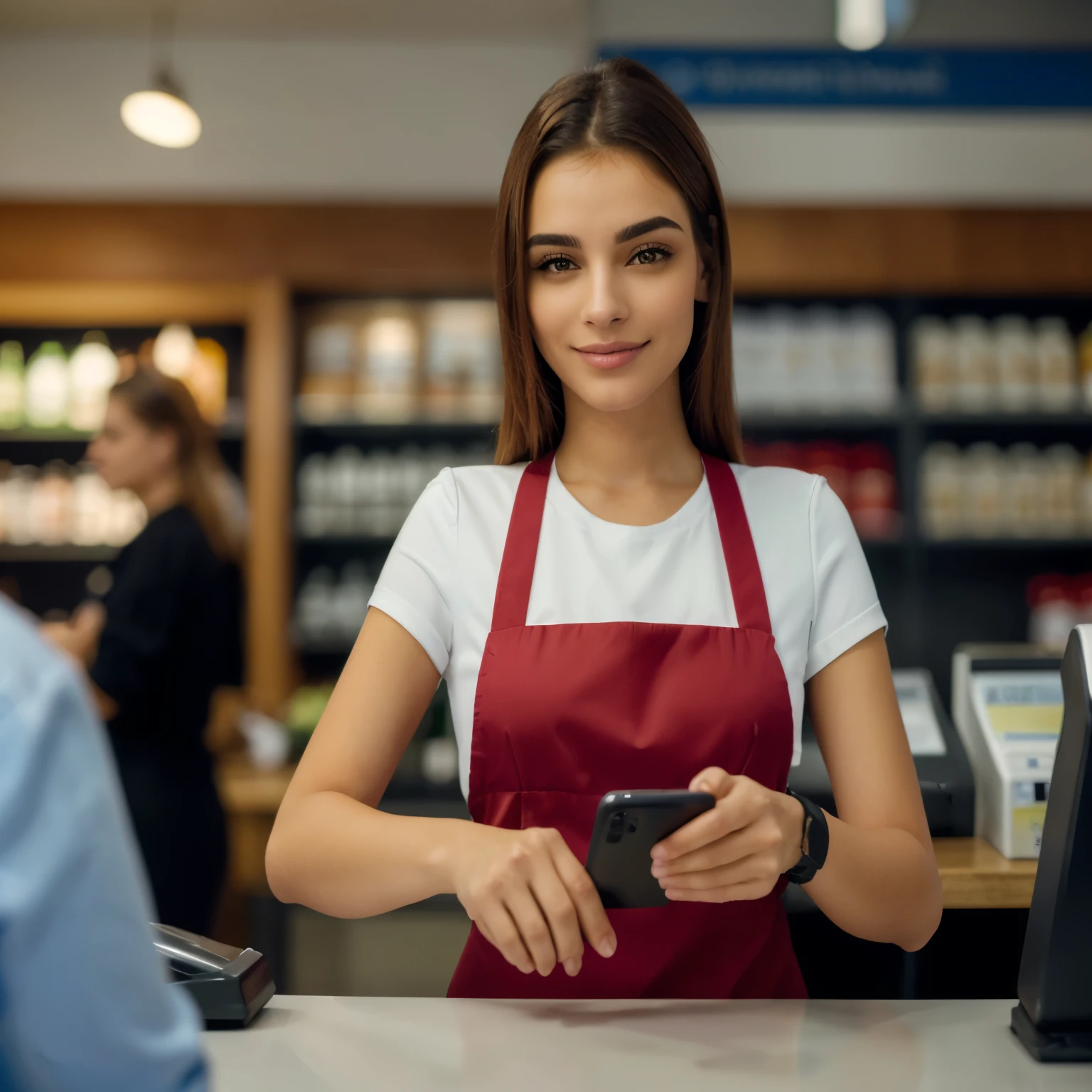 mulher arafa de avental vermelho segurando um celular na frente de um homem, on the counter, clientes, Bottom Angle, em um fundo escuro, looking at the camera, Divertindo-se, um plano amplo e completo, tiro por cima do ombro, parado em um restaurante, interesting angle, imagem impressionante, at checkout, visual deslumbrante, medium close-up, cliente