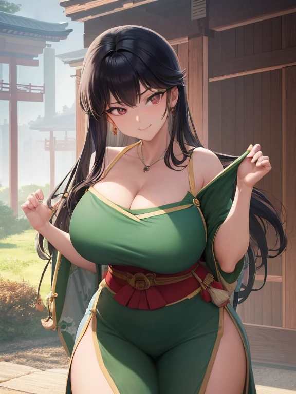 masterpiece, best quality, 1girl, solo, Kagome Higurashi, 25 years old, matured face, beautiful detailed eyes, ultra detailed eyes, extremely detailed face, large breasts, cleavage, very busty, big hips, strong muscles, athletic physique, She stands tall while wearing a green Kunoichi dress. she's looking directly at the camera with an confident smirk. Her gaze is both alluring and fierce as she is in a fighting stance. cowboy shot, Perfect Anatomy,(Professional Lighting), 4k textures, epic artistic, sharp focus, even lighting, insane details, intricate details, hyperdetailed, rich colors, BREAK Outdoors, forest, Japanese architecture in the background
