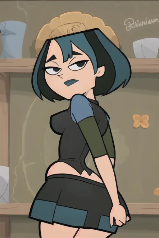 (8k, RAW photo, best quality, masterpiece:1.2), (intricate details), perfect eyes, perfect face, perfect lighting, beautiful, (masterpiece:1.2), (best quality:1.2), 1girl, cartoon style, gwentdi, solo, black eyes, face portrait, look at the viewer, chubby potbelly, huge belly, plump, miniskirt, side profile, butt