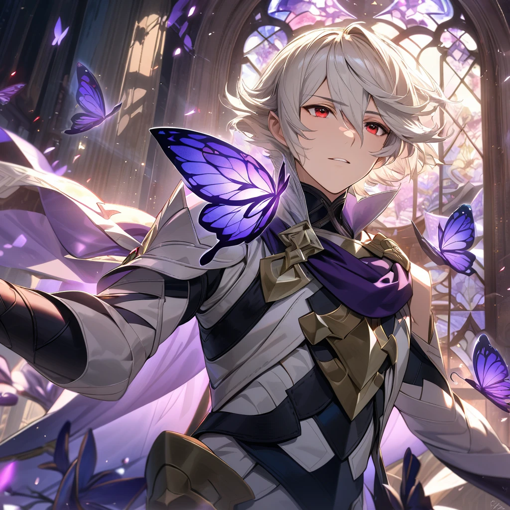 absurdres, highres, ultra detailed, HDR, master piece, best quality, Corrin, white hair, short hair, expressive red eyes, Fire Emblem Fates, solo, man, handsome, glass stained window, purple shining butterflies, purple lilies, floating shining lights