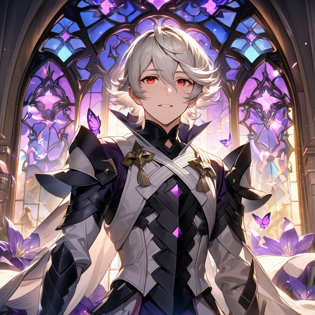absurdres, highres, ultra detailed, HDR, master piece, best quality, Corrin, white hair, short hair, expressive red eyes, Fire Emblem Fates, solo, man, handsome, glass stained window, purple shining butterflies, purple lilies, floating shining lights
