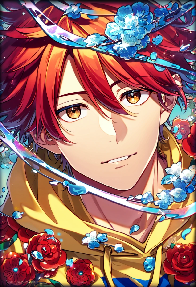 Ultra detailed, Highres, absurdres, HDR, Kyan Reki, red hair, master piece, expressive brown eyes, Sk8 the infinity, blue band, red flowers, red ice, petals, extremely handsome, sexy man, perfect face, solo, very detailed eyes and face, red glass, glittering, patterns, yellow hoddie,