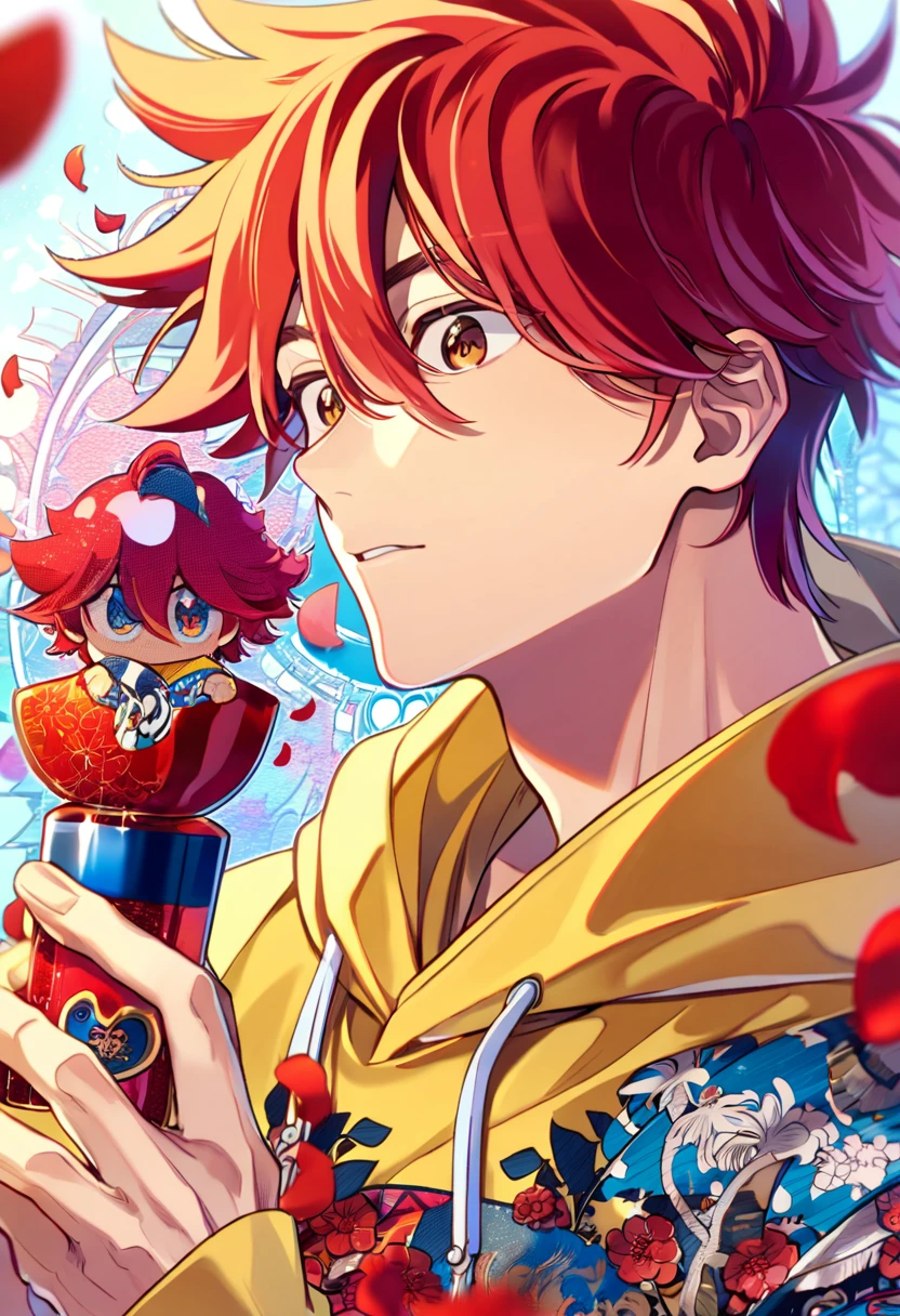 Ultra detailed, Highres, absurdres, HDR, Kyan Reki, red hair, master piece, expressive brown eyes, Sk8 the infinity, blue band, red flowers, red ice, petals, extremely handsome, sexy man, perfect face, solo, very detailed eyes and face, red glass, glittering, patterns, yellow hoddie,