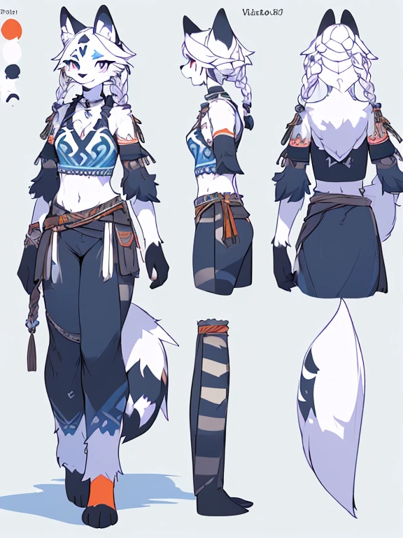 ( Absurdly , High quality , ultra detailed ) ,( hand detailed ) , 1girl, solo, mature, (concept art, character sheet), absurdres(highly detailed beautiful face and eyes)perfect anatomy Solo, sfw, Young Female white fox-cat (((lean-body))) (((medium breasts))) (short snout),(((fur (black stripe) between neck and shoulder towards chest))) ((fur (black stripes) on waist))(ears are darker), (heterochromia (orange, violet)), (cat tail (black at end)), (white hair (single-braided)), (fantasy adventure type clothing ((violet shirt (crop top))), (navy-blue belt) khaki pants)), happy ((looking at viewer)) ((Female wolf)) (detailed eyes) (clevedge, (collarbone, shoulders), (solo, (1girl)) ((((fluffy white fur)))) ((extremely detailed fur)) (violet crop top) ((hair in face)) (big braid), sfw, (thin long tail) (heterochromia) (extremely detailed eyes) joyful (((concept art, character sheet, (multiple views)))) ((adventure fantasy, snow tribal clothing)) (snow tribe clothing), SFW