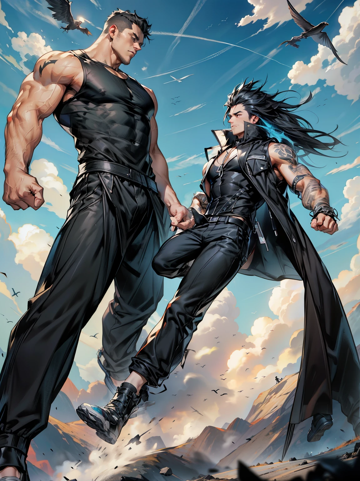 boys 26 Years old, Serious face, wearing black sleeveless shirt, black pants, black hair, levitate on sky, blue sky, cloud