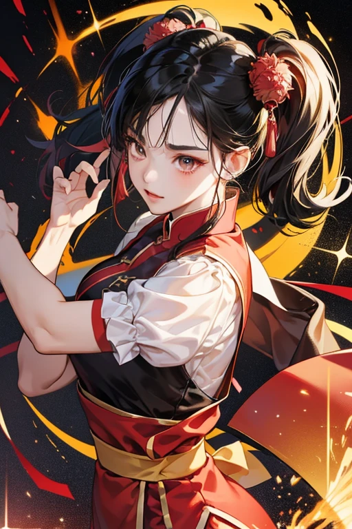 Xiaoyu is a Chinese  with soft facial features. She wears her black hair in high pigtails with side-parted bangs. Xiaoyu's first outfit is a traditional Chinese outfit, consisting of a red sleeveless qípáo top and a lighter-toned pink inner shirt with puffy sleeves, tucked into a yellow Obi (sash) tied in a big ribbon at the back, red Kung-Fu pants, dark Kung-Fu slippers and thick red bracelets. SPARKLE; GLITTER