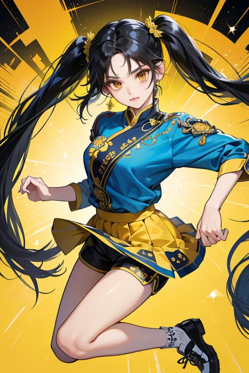Xiaoyu is a Chinese with soft facial features. She wears her black hair in high pigtails with side-parted bangs. outfit also features an oriental motif, consisting of matching traditional blue long-sleeved blouse with yellow embroidery and loose yellow cuffs, and blue shoes with black roll-top, and black shorts with yellow lining. SPARKLE; GLITTER