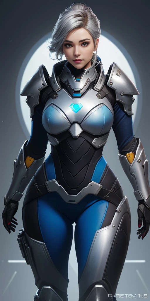 a woman in a blue outfit is posing for a picture, echo from overwatch, from overwatch, extremely detailed artgerm, thicc, cutesexyrobutts, pale blue armor, bikini armor female knight, armor girl, thick armor, skintight silver armor, style artgerm, covered in full silver armor, thick smooth warframe thighs