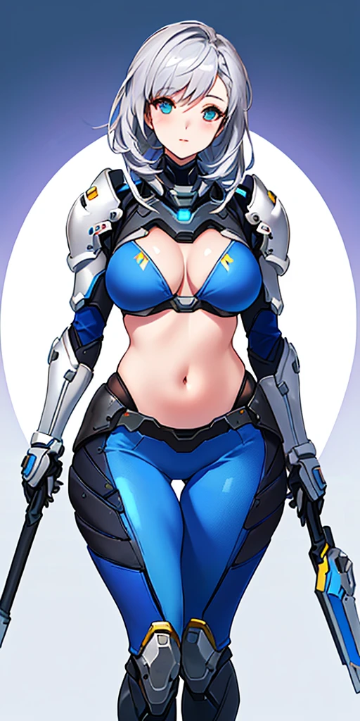a woman in a blue outfit is posing for a picture, echo from overwatch, from overwatch, extremely detailed artgerm, thicc, cutesexyrobutts, pale blue armor, bikini armor female knight, armor girl, thick armor, skintight silver armor, style artgerm, covered in full silver armor, thick smooth warframe thighs