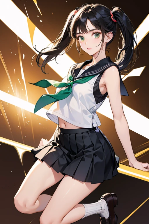 core_9, score_8_up, score_7_up, score_6_up, score_5_up, score_4_up, source_anime, screenshot, Uber, 1 girl, green hair, bangs, hair between the eyes, side ponytail, purple eyes, half eyes, full body, low angle, mini skirt, white sailor suit, school