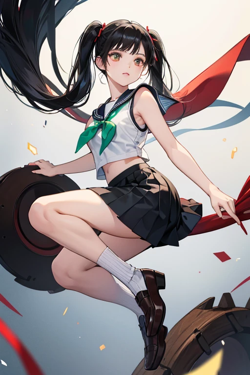 Xiaoyu is a Chinese  with soft facial features. She wears her black hair in high pigtails with side-parted bangs. is her Mishima High . It consists of a short-sleeved white blouse attached with a sailor-style collar with one green stripe on each side, a black sleeveless vest, pleated blue-green checkered skirt, and brown loafer shoes with white loose socks. A ribbon is tied at the front and is attached to the collar. The "Sailor outfit" is a common style of uniform worn by female students in Japan. SPARKLE; GLITTER