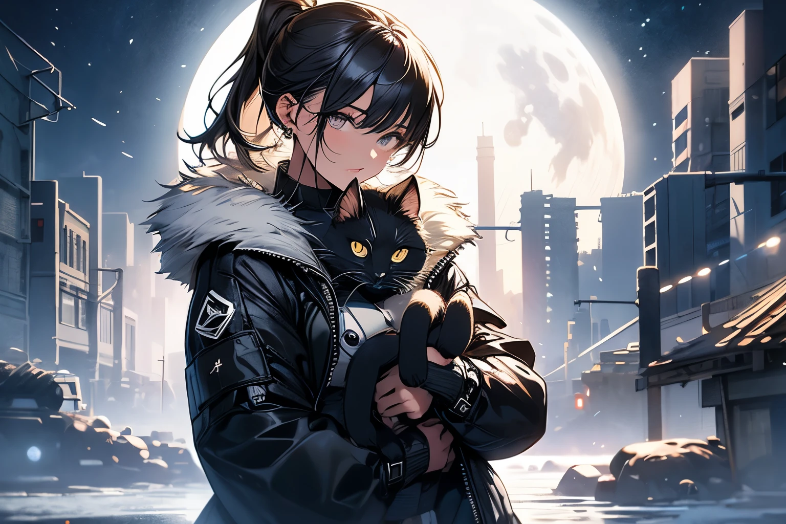 Original photo, best quality, full body photo), (Realistic, photographic fidelity: 1.3), (Extremely delicate and beautiful: 1.1) 1 woman with sculpted physique and wide hips, leggings, pleated skirt, sports top, high ponytail, high boots, long fur jacket, on a hazy moonlit night in a ghost town, monochrome style, line art, detailed face, detailed eyes, detailed lips, wide hips, holding a black cat in the hands