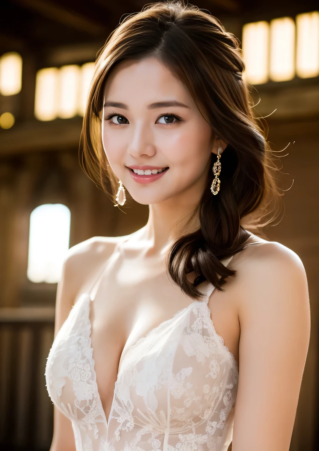 Beautiful 25 year old  woman。She is wearing a summer wedding dress. She is smiling on illuminated by the evening church lights . romantic sunset. her dark brown hair. High resolution、masterpiece、highest quality、頭w:1.0、((Hasselblad Photos))、fine skin、(movie lighting)、clavicle . full body picture.