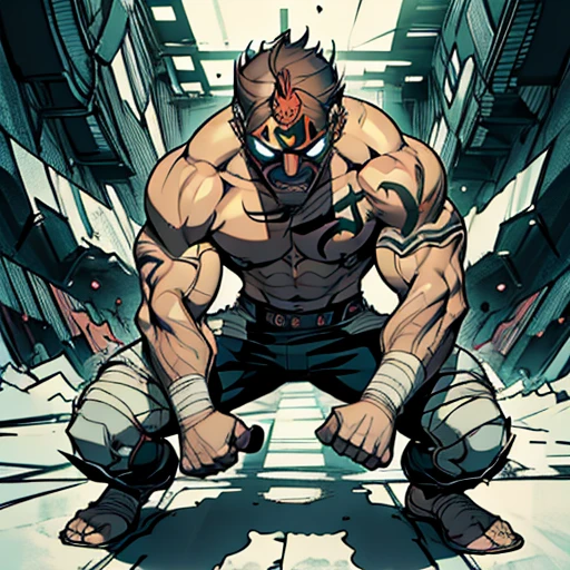 A man with a luchador mask, sporting brown short hair, (realistic:1.37), (manga style), detailed face, muscular body, intense gaze, vibrant colors, dynamic pose, dramatic lighting, textured mask, (bandage), (gritty aesthetic), urban background, graffiti walls, (stark contrast), ink splatters, (comic book feel), (action-packed scene), boldly outlined figures, powerful stance, (captivating composition), (polished rendering), (high-resolution), (masterpiece:1.2).