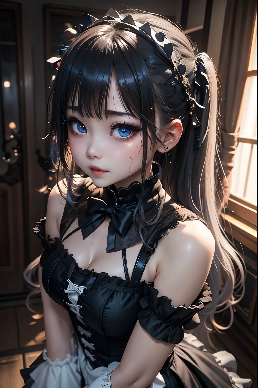 ハードDark Gothicメイク、Deep Night Sky、Horror、Black dark eyeshadow、cry、sad、Good skin radiance、Dark Gothicメイク、Dark smile、palace、The beauty of fragrance、24-years-old、Expression of intense sexual pleasure、Embarrassed look、Dark Gothic、Obscene language、highest quality、Expression of sexual pleasure in suffering、Drunk face、紫のMaid clothes、Mysterious、Noble、A face that is holding back the toilet、sexy、Loving smile、Twin tail hair、jet black ruffle skirt、Right blue eye, Left eye is red、Super bewitching pose、Platform Heel Shoes、Heavy makeup、Gothic ta Clothing、A little slimmer、Silver Hair、Long Hair Straight Hair、Cute Gothic Loliress、Beautiful Face、elegant features、Fascinating face、Knee-high socks、Stained glassが背景、Chest glistening with sweat、The room is dark、goth long dress、Bell Sleeves、Wizard Sleeve、decadent look、Sexually excited expression、Gothic Mode、Glossy thighs wet with water、Thighs that are wet and shiny with oil、Background of a room full of roses、sad表情、Rose Maiden、The embroidery is pink、The dress has pink embroidery、Thigh-high socks、Knee-high socks、Gentle expression、Dark black eyeshadow、despicable act、Stained glassと薔薇背景、The lower half of the body is wearing a black bikini swimsuit.、thighs are a little thin、Female Duo、Female couple、A blue lightning bolt glows in her right hand.、Blue electromagnetic waves shine in my hands.、dark church background、Stained glass、black metal world、Dark Castle、Dark Room、Slender body、upright、walk、Are standing、gothic long dresaid clothes、Victorian dresses、Her thighs glisten with sweat、My body is wet and shiny、Lots of glitter on the thighs、sweating、My thighs are sticky from sweating、Sweat glistens on the thighs, The whole body is sweaty and shiny、pretty sweaty、My thighs are sweaty、My thighs are so wet、My thighs are shining with sweat、A lot of sweat glistens all over the body、The thighs are the best、Black bikini bottoms、