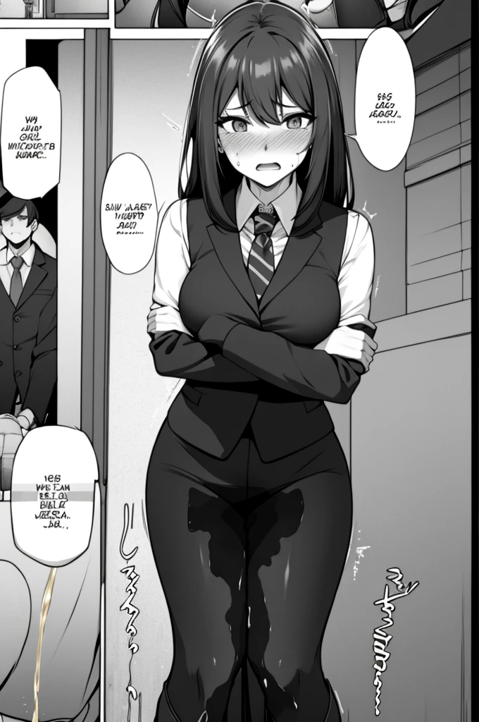 A woman with long black hair, wearing a business outfit consisting of a suit, (pencil skirt:1.25), and pantyhose, stands in a monochrome setting. The artwork is inspired by manga and incorporates a doujin style. The woman appears to be (wetting herself:1.5), which causes her to feel embarrassed and humiliated, resulting in a blush on her face. In addition, there is an air of anger in her expression. The lighting in the scene is moody, with a spotlight highlighting the woman's figure. She is crossing her arms, (arms crossed:1.5), fully showcasing her skirt., medium breasts