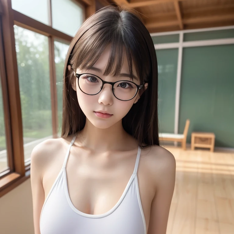  (Transparent white swimsuit without breast pads) 、(Japanese female student)(Are standing) (Nipplesの輪郭はNipplesの形をはっきりと表現している.Nipples)((Small breasts)), (Realistic: 1.4),((Pussy line))（On the front）RAW Photos, highest quality, (Realisticistic),(White school swimsuit),((Glasses)), (((Young Face))), (Written boundary depth), ((衣服を通してNipplesが見える))masterpiece, (Realistic), 4K、Beyond High Quality、Bangs、Long black hair、(indoor:1.5)Expressionless:1.4,Slim and beautiful body、Whole Body Ezbian:1.2.Beautiful Skin