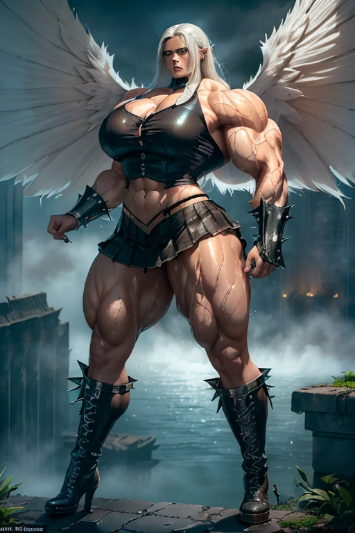 (((((Massive tall, beautiful, buff, wet, light brown skinned muscular woman with wet white hair, black lipstick, giant wings, ginormous bulky muscles and wearing a half button down black blouse with pleated skirt))))), ((close view)), (massive muscles), massive biceps, hyper muscle shoulders, ((upper body view)), hyper muscle triceps, (long hair), blue eyes, choker, (giant angel wings), (chain belt), black boots, (pleated skirt), (spiked gauntlets), (white smoke and white fog surrounding the body), (on top of a dilapidated building surrounded by water in a destroyed city), cocky smirk, night, hyper vascular arm, hyper muscles arms, hyper muscle legs, (ginormous arms).