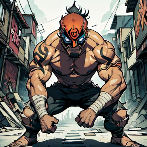 A man with a luchador mask, sporting brown short hair, (realistic:1.37), (manga style), detailed face, muscular body, intense gaze, vibrant colors, dynamic pose, dramatic lighting, textured mask, (bandage), (gritty aesthetic), urban background, graffiti walls, (stark contrast), ink splatters, (comic book feel), (action-packed scene), boldly outlined figures, powerful stance, (captivating composition), (polished rendering), (high-resolution), (masterpiece:1.2).