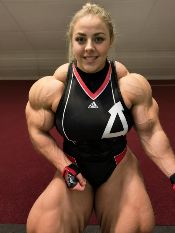 A heavily muscled iffb pro female bodybuilder Charlotte Church as a sexy field hockey player wearing a latex hockey uniform, very sexy muscular thighs 