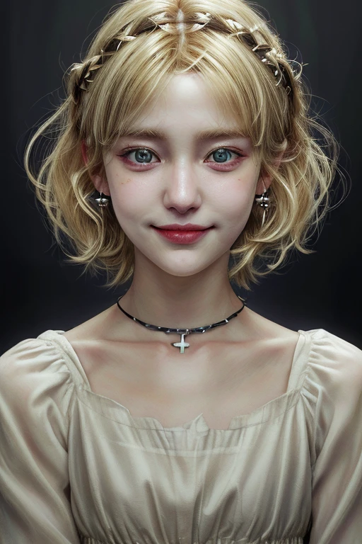 1girl,close up,potrait,blonde hair,hazel eyes,sligth smile,earings,collar bone,dress(HD,ULTRA HD,SUPER DETAIL,HDR,16K,UNREAL ENGINE)