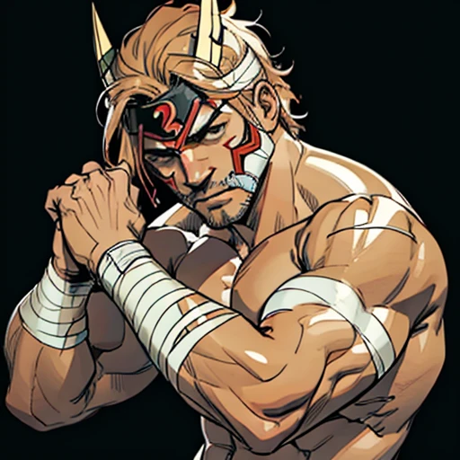 (best quality, realistic:1.37) A man with a luchador mask, sporting brown short hair. Bandage , manga Style , 