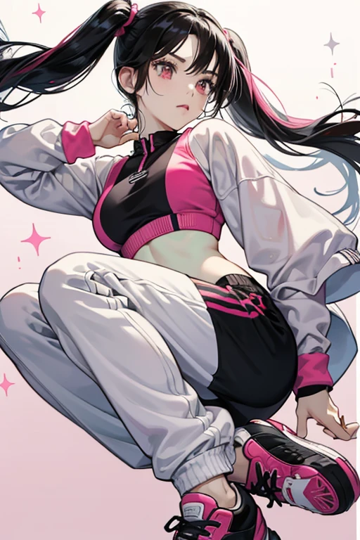 Xiaoyu is a Chinese. She wears her black hair in high pigtails with side-parted bangs. outfit is a modern sporty outfit consisting of a red cropped sports cardigan with a large white stripe design and has a head of a white bunny who faces on the right at the back of her cardigan, outlined in black, on the sleeves and a black sports bra with white lining underneath. For her bottoms, she wears white jogging pants with black stripe designs going down the sides, and pink sneakers with black-and-red designs and white and pink polkadotted soles. She wears black-and-white fingerless gloves with a pink symbol in the middle, and matching pink hairbands and thick glowing bracelets, SPARKLE; GLITTER