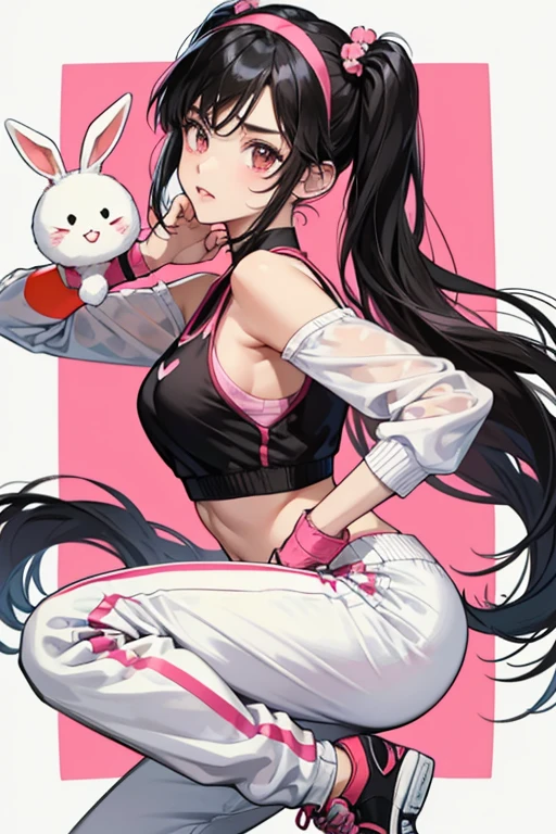 Xiaoyu is a Chinese. She wears her black hair in high pigtails with side-parted bangs. outfit is a modern sporty outfit consisting of a red cropped sports cardigan with a large white stripe design and has a head of a white bunny who faces on the right at the back of her cardigan, outlined in black, on the sleeves and a black sports bra with white lining underneath. For her bottoms, she wears white jogging pants with black stripe designs going down the sides, and pink sneakers with black-and-red designs and white and pink polkadotted soles. She wears black-and-white fingerless gloves with a pink symbol in the middle, and matching pink hairbands and thick glowing bracelets, SPARKLE; GLITTER