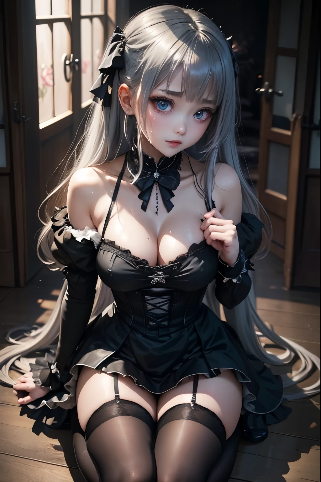 ハードDark Gothicメイク、Deep Night Sky、Horror、Black dark eyeshadow、cry、sad、Good skin radiance、Dark Gothicメイク、Dark smile、palace、The beauty of fragrance、24-years-old、Expression of intense sexual pleasure、Embarrassed look、Dark Gothic、Obscene language、highest quality、Expression of sexual pleasure in suffering、Drunk face、紫のMaid clothes、Mysterious、Noble、A face that is holding back the toilet、sexy、Loving smile、Twin tail hair、jet black ruffle skirt、Right blue eye, Left eye is red、Super bewitching pose、Platform Heel Shoes、Heavy makeup、Gothic Lolita Clothing、A little slimmer、Silver Hair、Long Hair Straight Hair、Cute Gothic Lolita Dress、Beautiful Face、elegant features、Fascinating face、Knee-high socks、Stained glassが背景、Chest glistening with sweat、The room is dark、goth long dress、Bell Sleeves、Wizard Sleeve、decadent look、Sexually excited expression、Gothic Mode、Glossy thighs wet with water、Thighs that are wet and shiny with oil、Background of a room full of roses、sad表情、Rose Maiden、The embroidery is pink、The dress has pink embroidery、Thigh-high socks、Knee-high socks、Gentle expression、Dark black eyeshadow、despicable act、Stained glassと薔薇背景、The lower half of the body is wearing a black bikini swimsuit.、thighs are a little thin、Female Duo、Female couple、A blue lightning bolt glows in her right hand.、Blue electromagnetic waves shine in my hands.、dark church background、Stained glass、black metal world、Dark Castle、Dark Room、Slender body、upright、walk、Are standing、gothic long dresaid clothes、Victorian dresses、Her thighs glisten with sweat、My body is wet and shiny、Lots of glitter on the thighs、sweating、My thighs are sticky from sweating、Sweat glistens on the thighs, The whole body is sweaty and shiny、pretty sweaty、My thighs are sweaty、My thighs are so wet、My thighs are shining with sweat、A lot of sweat glistens all over the body、The thighs are the best、Black bikini bottoms、