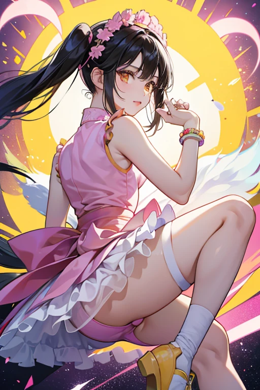 Xiaoyu is a Chinese. She wears her black hair in high pigtails with side-parted bangs. outfit is an A-line, pink, sleeveless dress with yellow and white chrysanthemums on one side, purple bloomers with white linings underneath her dress, matching pink hairbands and thick bracelets with a yellow glow. She also wears pink shoes with black linings and glowing yellow stripes on the front and back. SPARKLE; GLITTER
