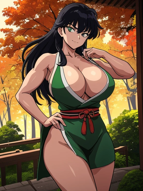 masterpiece, best quality, 1girl, solo, Kagome Higurashi, 25 years old, matured face, beautiful detailed eyes, ultra detailed eyes, extremely detailed face, large breasts, cleavage, very busty, big hips, strong muscles, athletic physique, She stands tall while wearing a green Kunoichi dress. she's looking directly at the camera with an confident smirk. Her gaze is both alluring and fierce as she is in a fighting stance. cowboy shot, Perfect Anatomy,(Professional Lighting), 4k textures, epic artistic, sharp focus, even lighting, insane details, intricate details, hyperdetailed, rich colors, BREAK Outdoors, forest, Japanese architecture in the background