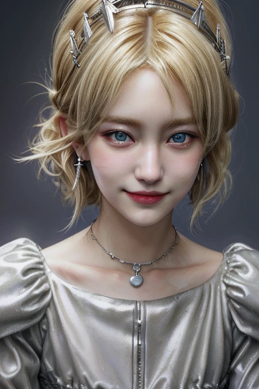 1girl,close up,potrait,blonde hair,hazel eyes,sligth smile,earings,collar bone,dress,silver crown(HD,ULTRA HD,SUPER DETAIL,HDR,16K,UNREAL ENGINE)