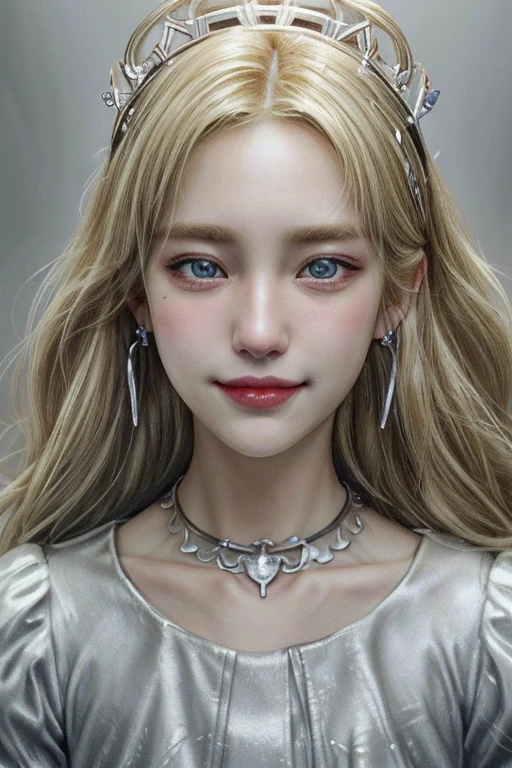 1girl,close up,potrait,blonde hair,hazel eyes,sligth smile,earings,collar bone,dress,silver crown(HD,ULTRA HD,SUPER DETAIL,HDR,16K,UNREAL ENGINE)