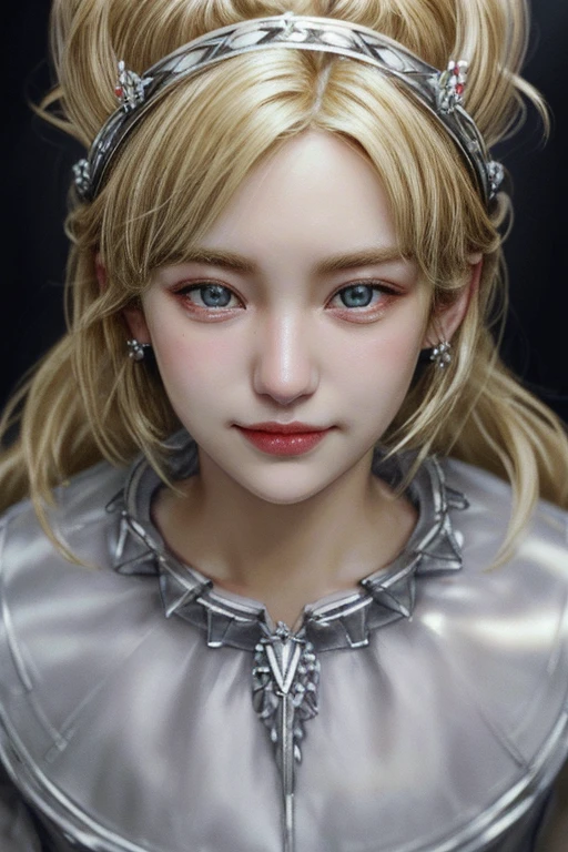 1girl,close up,potrait,blonde hair,hazel eyes,sligth smile,earings,collar bone,dress,silver crown(HD,ULTRA HD,SUPER DETAIL,HDR,16K,UNREAL ENGINE)