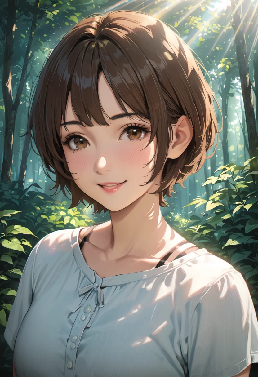 (best quality,8k,professional photography,extremely detailed,clear),(portrait,girl,young,beautiful,smiling,angelic),(short hair,brown),(forest,sunlight,beams of light),masterpiece),(realistic,sweet,delicate)