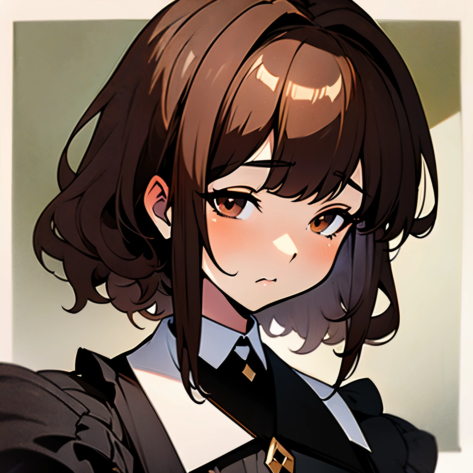 Amime gril curly dark Brown hair, white, Brown eyes, cottage core and dark academia aesthetic